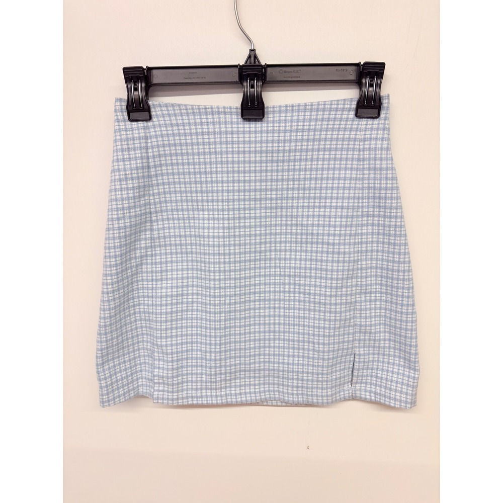 Preppy Coquette Mini Skirt Gingham Plaid Side Slit Brandy Melville Cara Blue